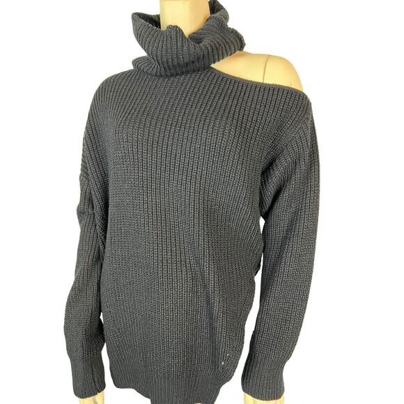 Lulu’s Womens sweater M Medium Black Knit Cold Shoulder Turtleneck Slouchy - Picture 6 of 11